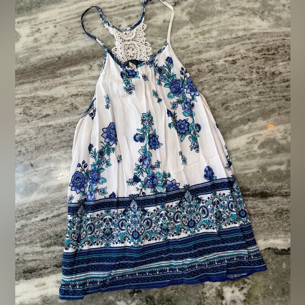 Blue Rain Floral Lace Trim Blouse - Blue and White
